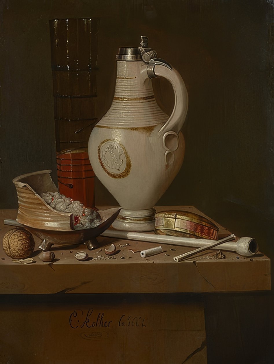 Zátiší s kuřáckými potřebami a korbelem piva. 1664 od Evert Collier