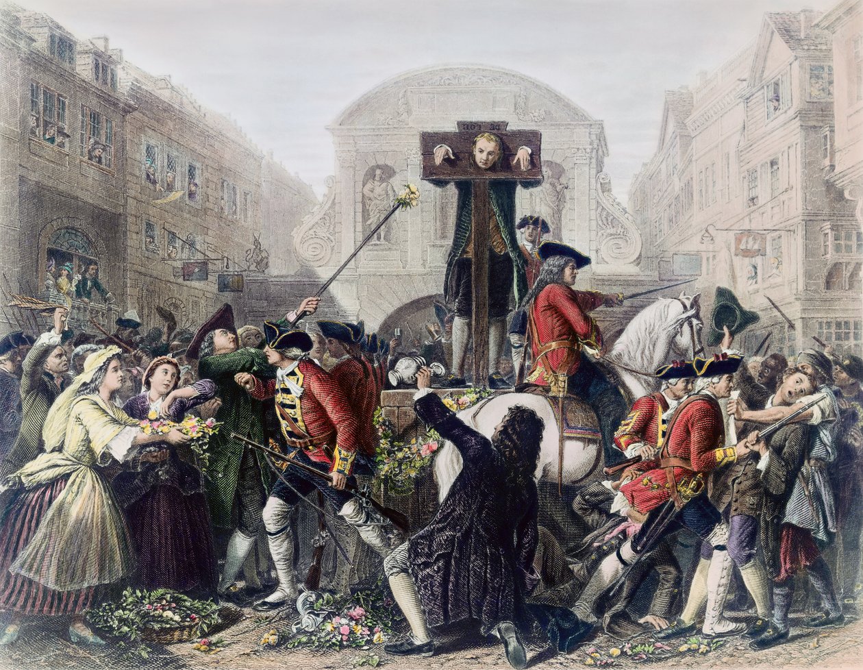 Pohled na Daniela Defoea (1660-1731) na pranýři v Temple Bar obklopeném davem (viz také 230551) od Eyre Crowe