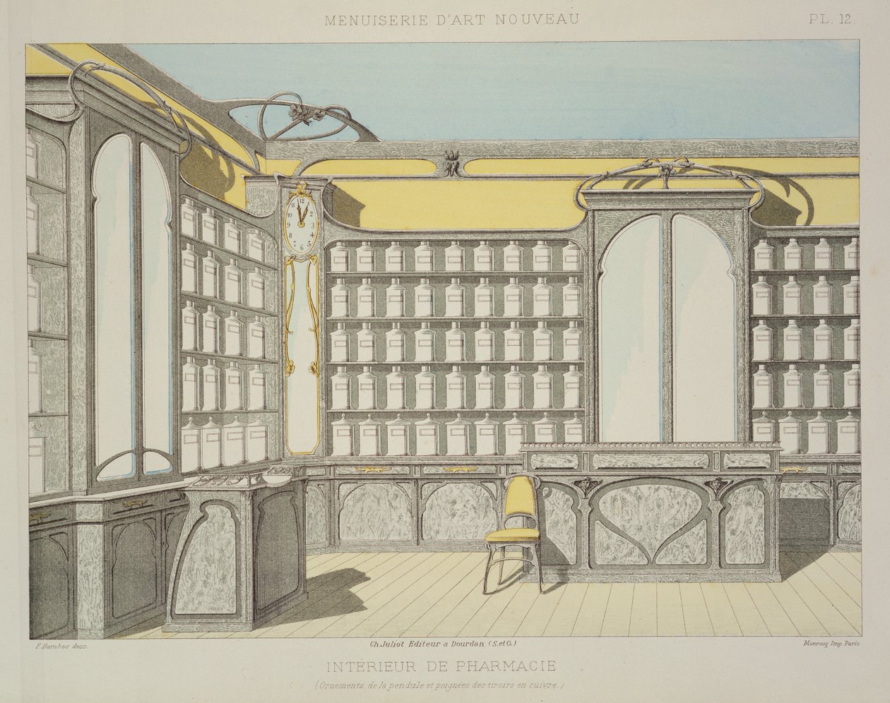 Interiér lékárny, ilustrace z knihy "Menuiserie d