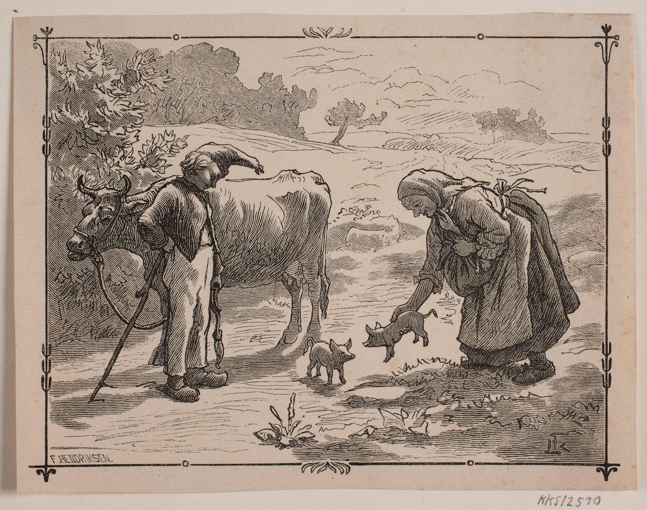 Ilustrace k lidové pohádce "Tři malá červená prasátka" od F. Hendriksen