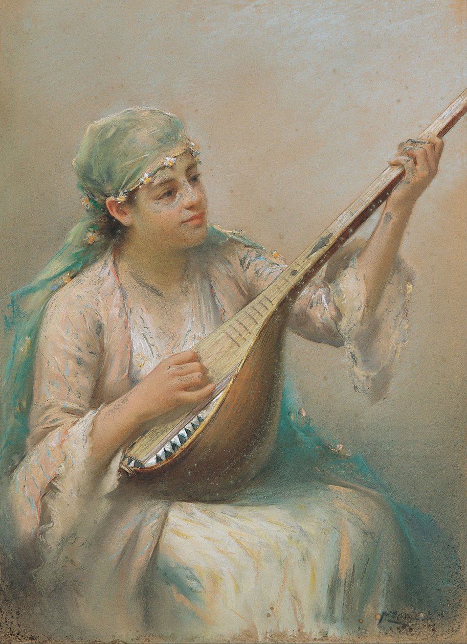 Žena hrající na loutnu od Fausto Zonaro