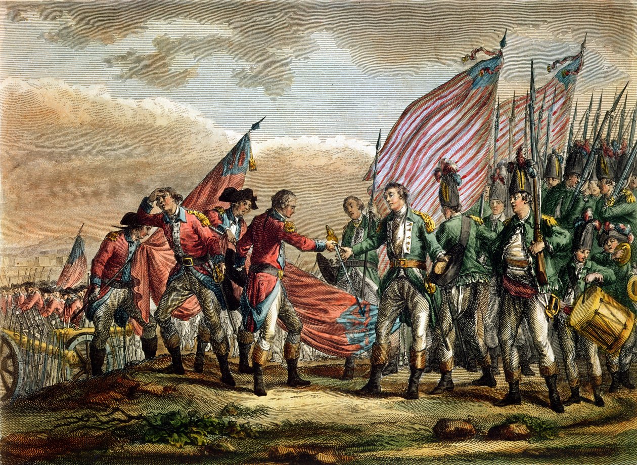 Kapitulace generála Johna Burgoyna v bitvě u Saratogy, 7. října 1777, vyryl Godefroy od Fauvel