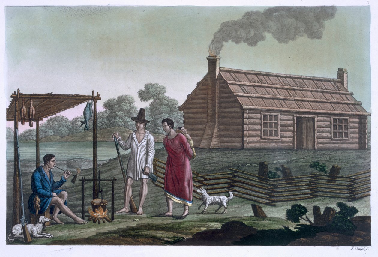 Osada Osage poblíž řeky Missouri, z knihy "Le Costume Ancien et Moderne", svazek 1 nebo 2, deska 3, autor Jules Ferrario, vydáno asi ve 20.-30. letech 19. století. od Felice Campi