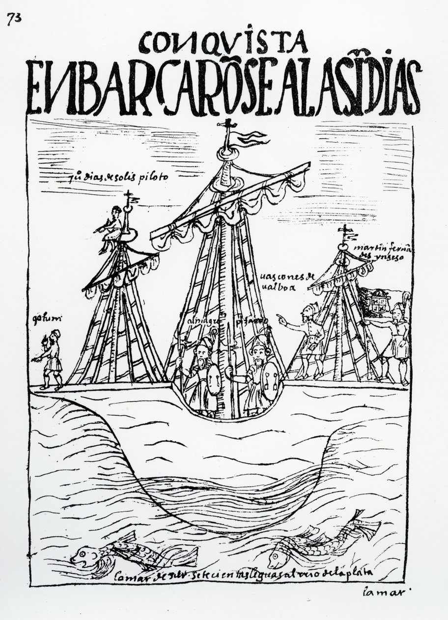 Plavba do Nového světa, kterou podnikli Christopher Columbus, Juan Diaz de Solis, Diego de Almagro, Francisco Pizarro, Vasco Nunez de Balboa a Martin Fernandez de Enciso od Felipe Huaman Poma de Ayala