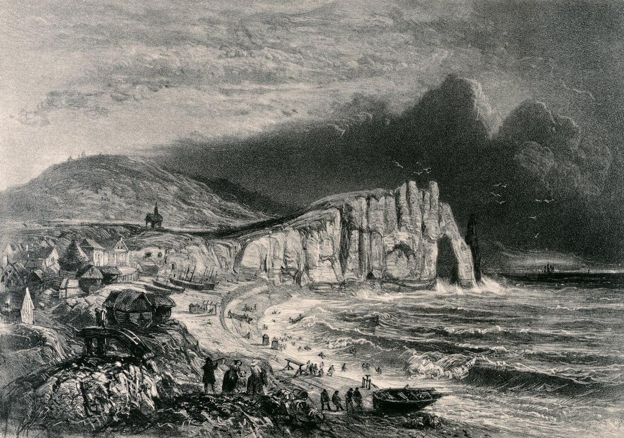 Etretat, ilustrace z kapitoly o Normandii z knihy "La Normandie Illustree", vyryl Charpentier, vydáno v Nantes 1852. od Felix Benoist