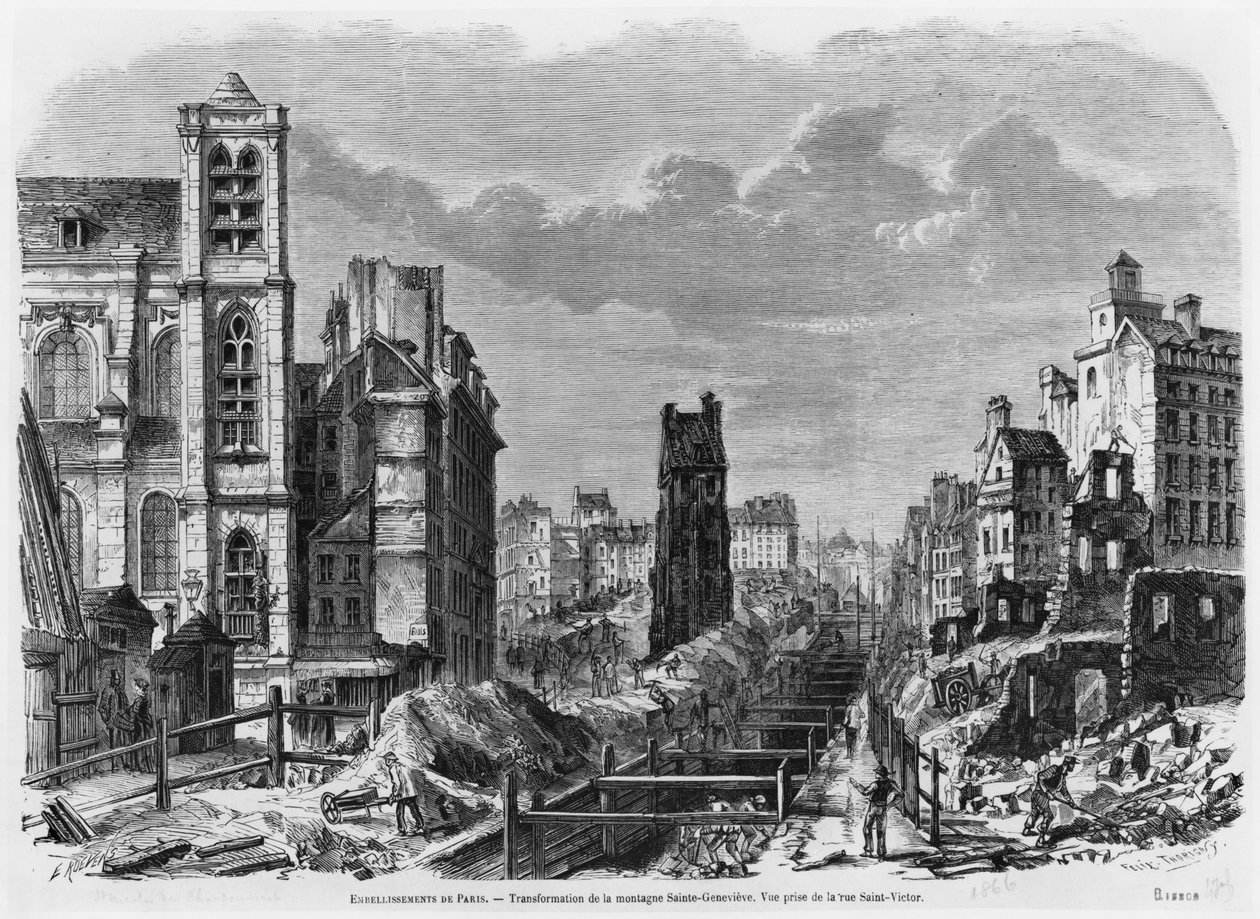 Vylepšení Paříže, transformace Montagne Sainte-Genevieve, pohled z rue Saint-Victor, 1877 od Felix Thorigny