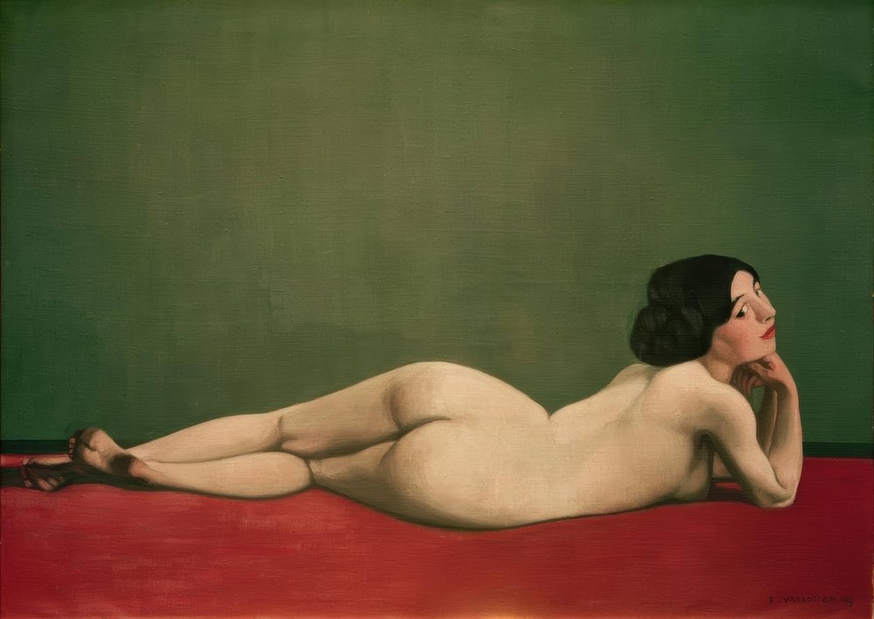 Nahá ležící na červeném koberci od Felix Edouard Vallotton
