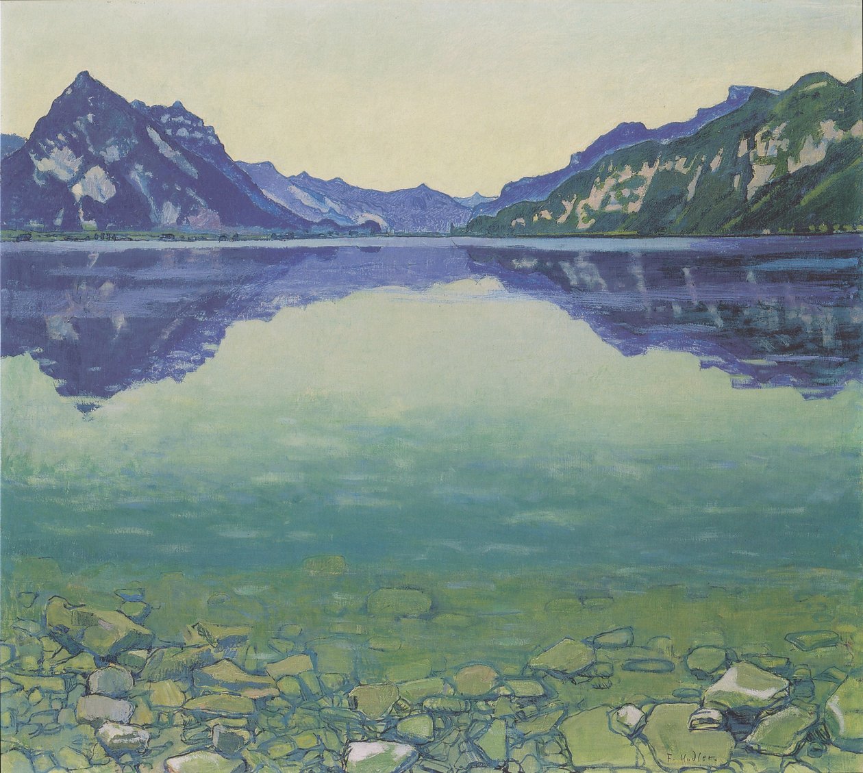 Thunské jezero se symetrickým odrazem před východem slunce od Ferdinand Hodler