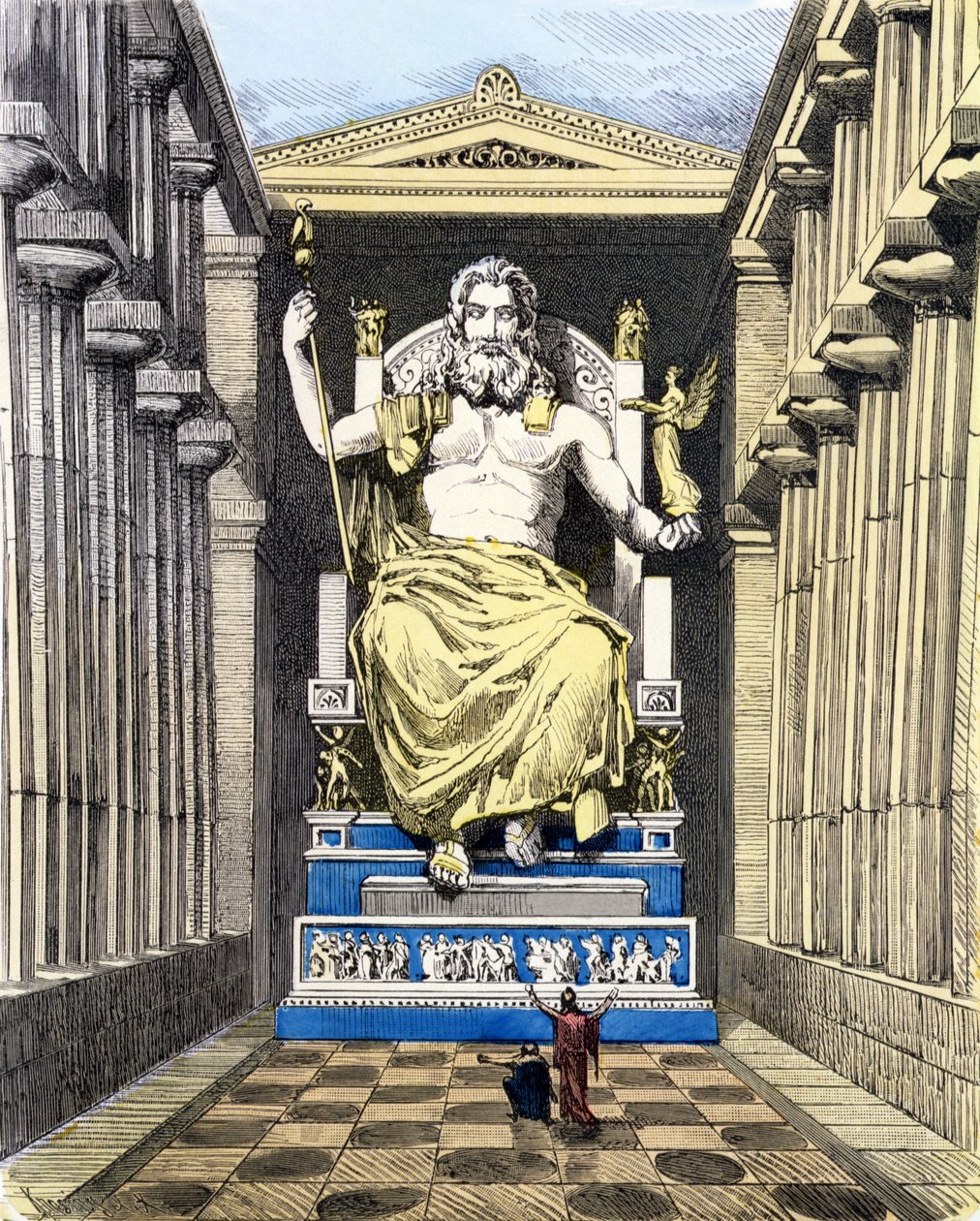 Socha olympského Dia od Pheidias ze série „Sedmi divů starověkého světa“ publikovaná v „Muenchener Bilderbogen“, 1886 (barevná rytina) od Ferdinand Knab