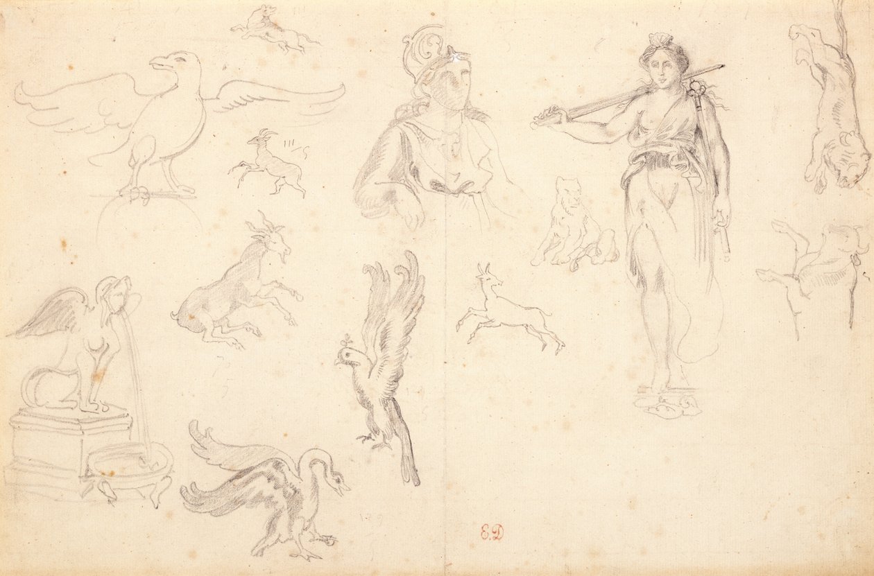 Studie zvířat a postav (černá křída na položený papír) od Ferdinand Victor Eugene Delacroix