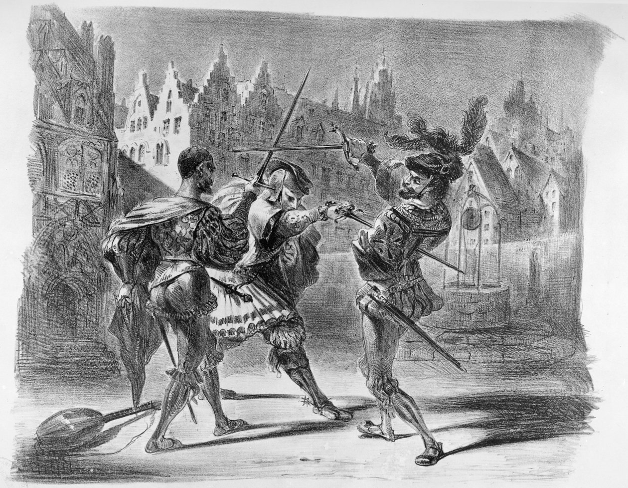 Souboj mezi Faustem a Valentýnem, z Goethova Fausta, po roce 1828, (ilustrace), (č. foto litografie) od Ferdinand Victor Eugene Delacroix