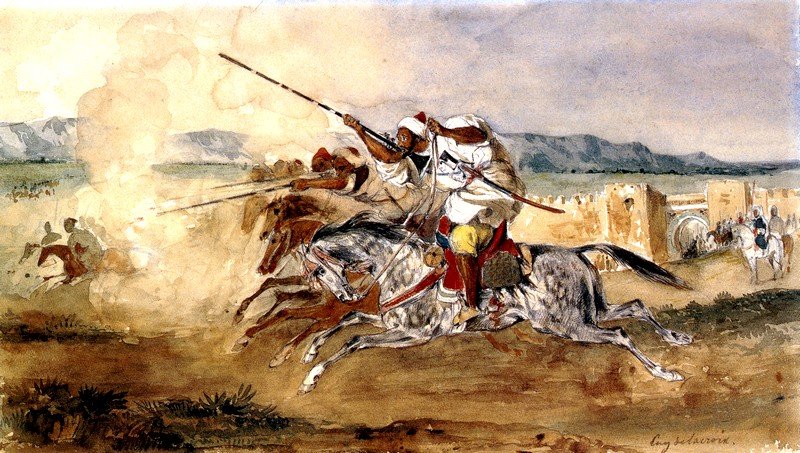 Fantasia nebo Hra na prášek, před vchodem do města Méquinez od Ferdinand Victor Eugene Delacroix