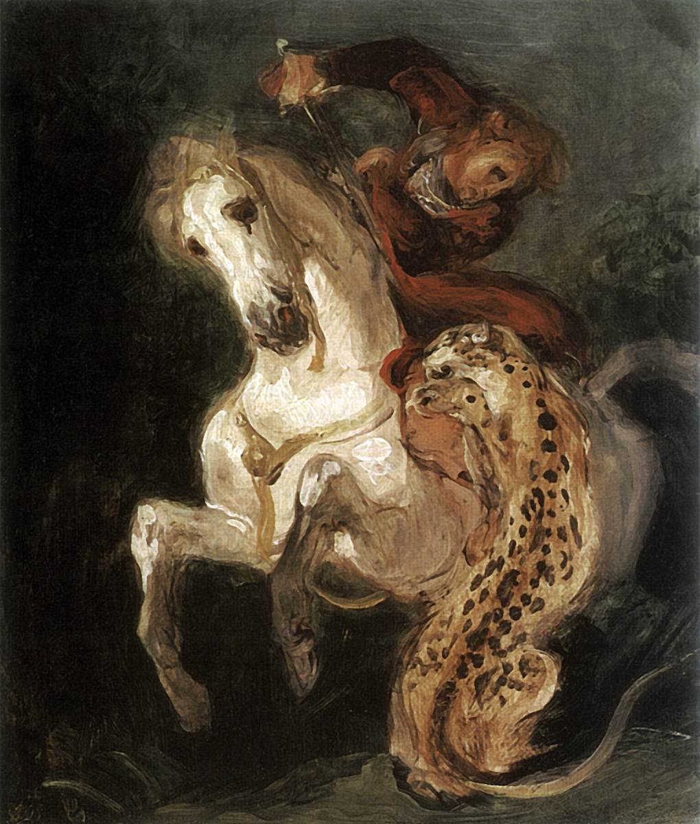 Jaguár útočí na jezdce od Ferdinand Victor Eugene Delacroix