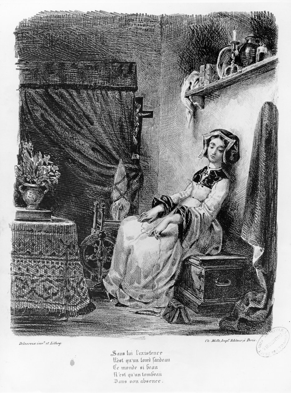Markéta ve svém pokoji, z Goethova Fausta, (ilustrace), (černobílá fotografie litografie) od Ferdinand Victor Eugene Delacroix
