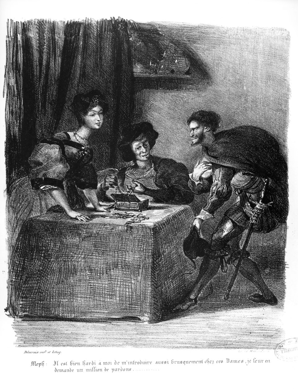 Mefistofeles, Marta a Markétka, z Goethova Fausta, 1828, (ilustrace), (černobílá fotografie litografie) od Ferdinand Victor Eugene Delacroix