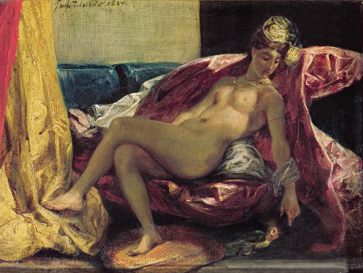 Ležící Odaliska aneb Žena s andulkou, 1827 od Ferdinand Victor Eugene Delacroix
