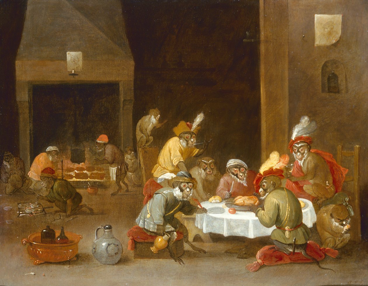 Opice v interiéru strážní místnosti od Ferdinand van Kessel
