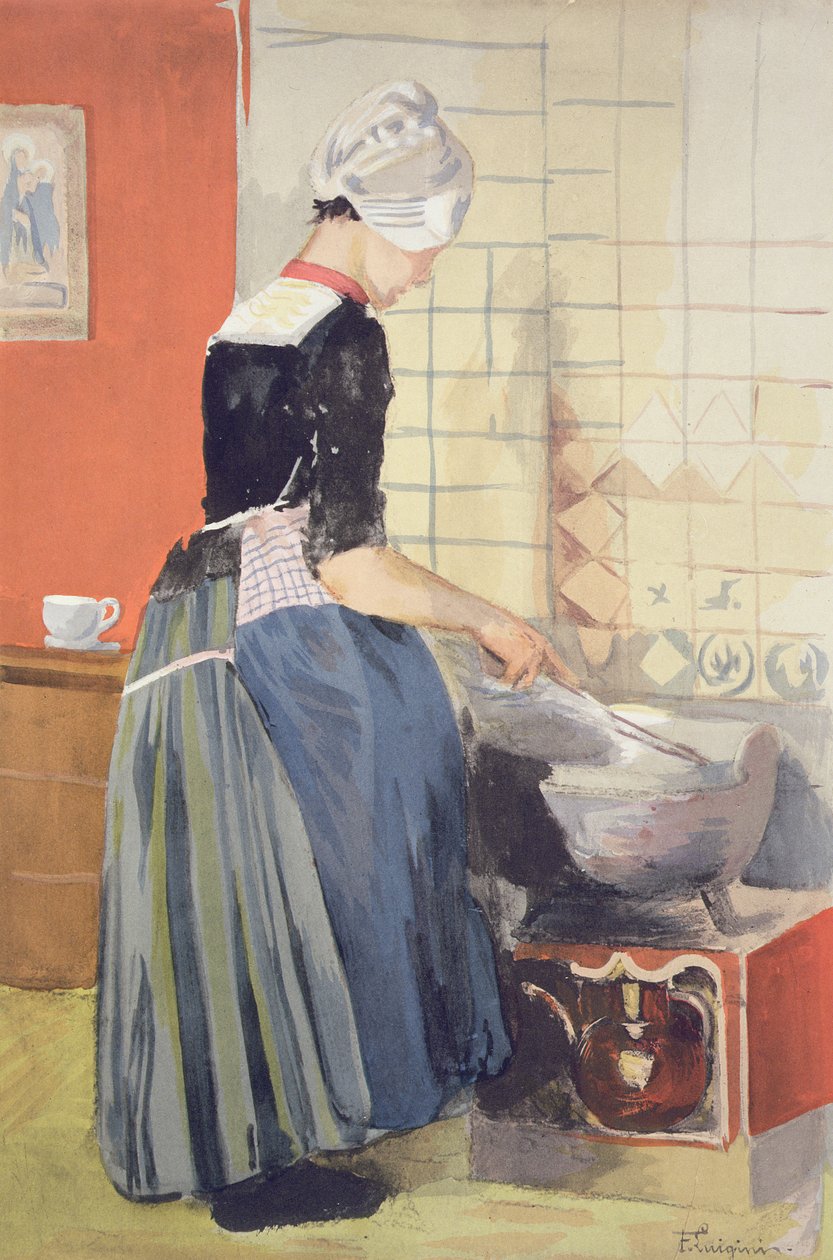 Dutch Girl Cooking, od LEstampe Moderne, publikoval Paříž 1897-99 od Ferdinand Jean Luigini