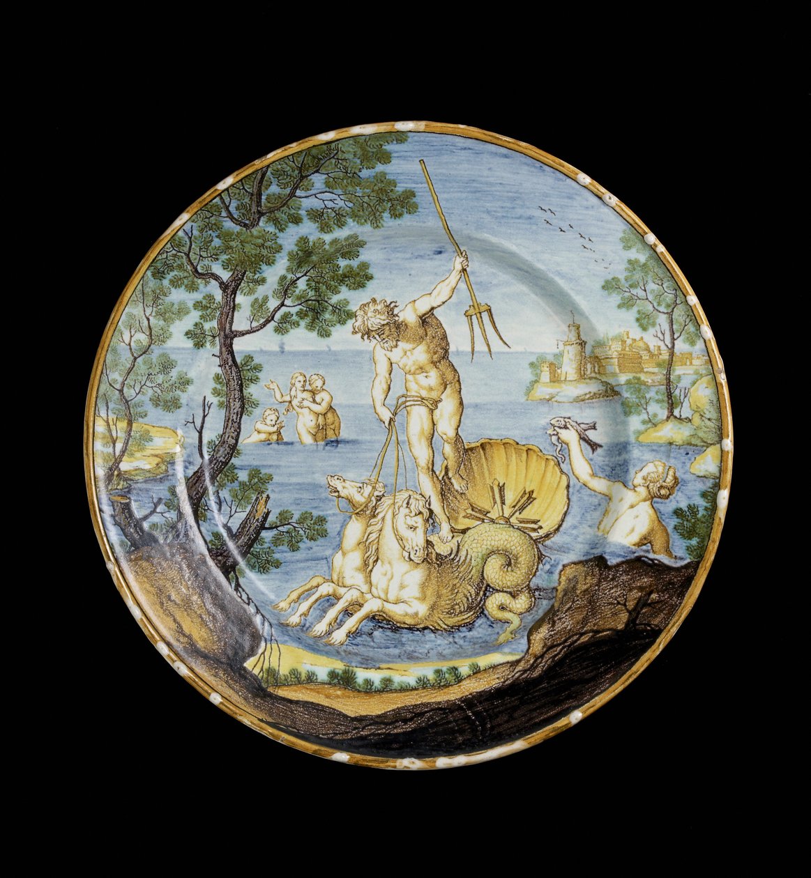 Talíř s Neptunem na voze, cca 1730 - 1750 cínová glazovaná keramika, maiolika od Ferdinando Maria Campani