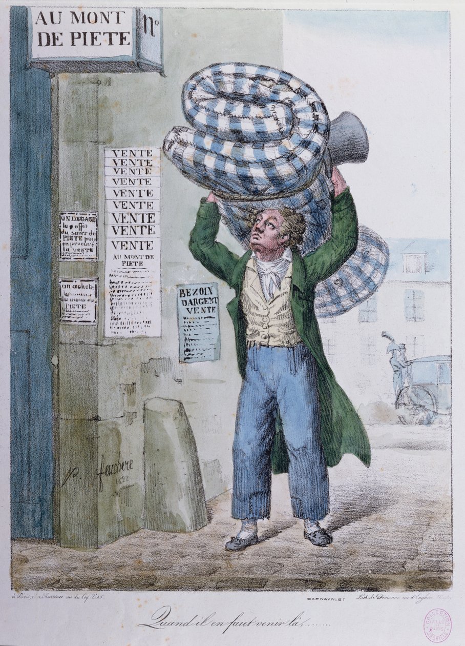 Když člověk musí jít..., karikatura návštěvy zastaváren Mont de Piete, 1822 od Jean Jacques Feuchere