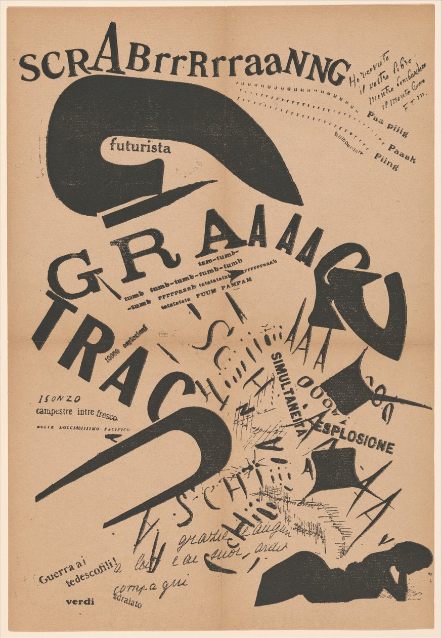 Večer, když ležela na posteli, četla si znovu dopis od svého dělostřelce z fronty, 1917 (knihtisk) od Filippo Tommaso Emilio Marinetti