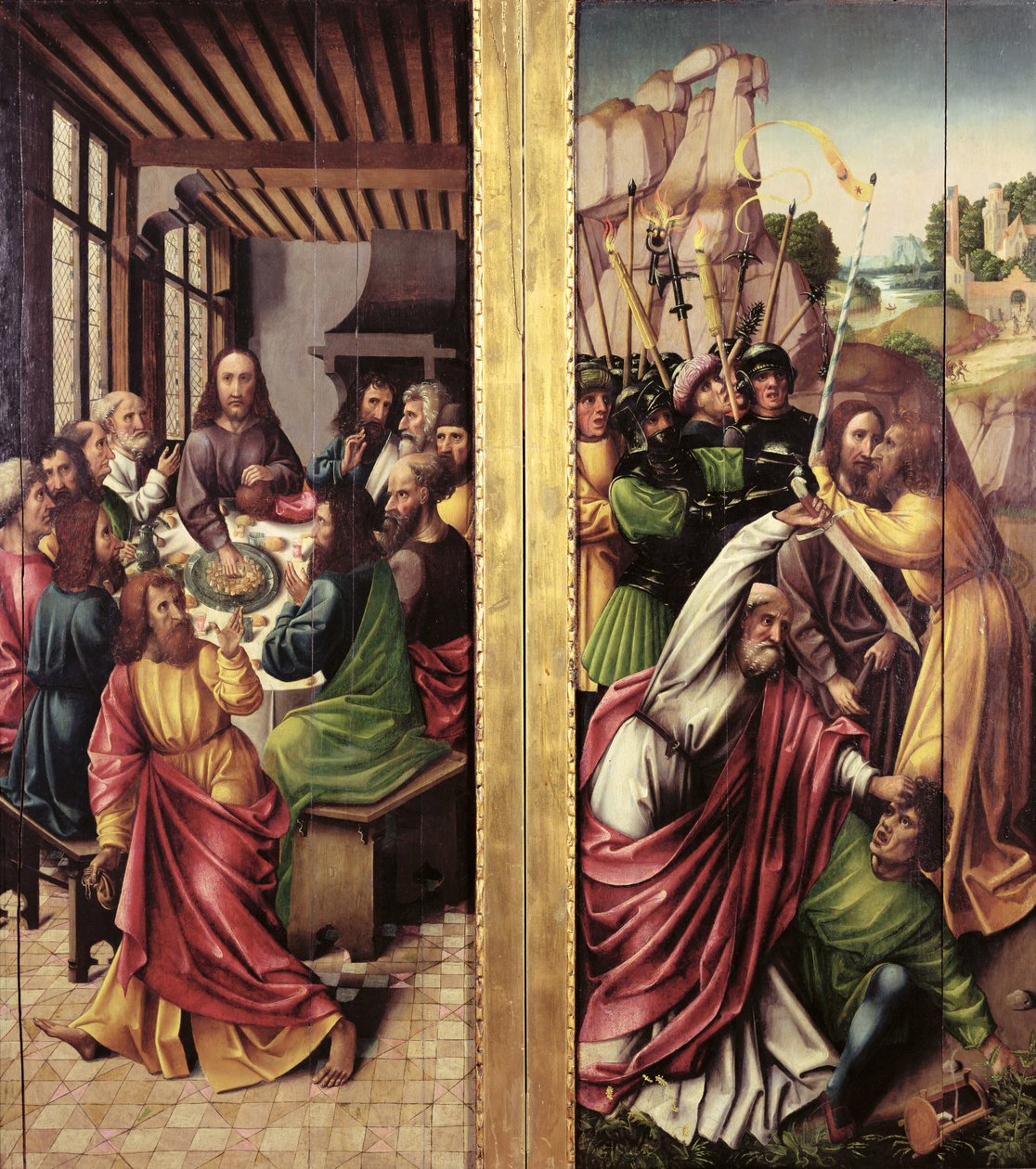 Jidášův polibek a poslední večeře, kolem roku 1500 od Flemish School