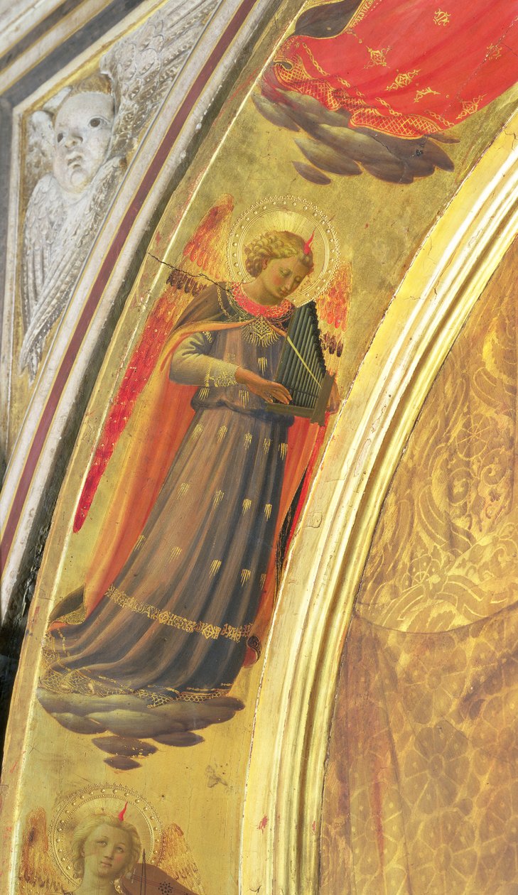 Detail ze strany Linaivoliho Triptychu zobrazující anděla držícího přenosné varhany, 1433 (tempera na panelu) od Fra Angelico