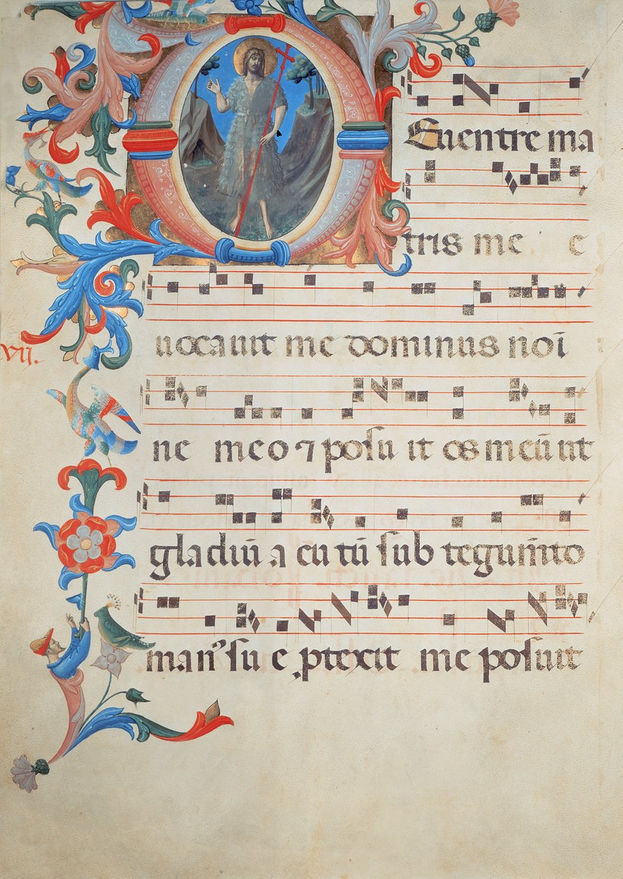 Ms 558 f.55v Strana chorálové notace s historickou iniciálou „O“ zobrazující sv. Jana Křtitele, z misálu, začátek 30. let 14. století (podrobnosti viz 78834) od Fra Angelico
