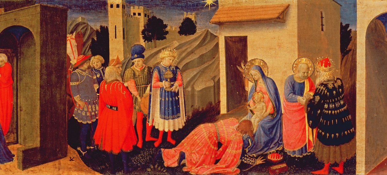 Panel Predella ke Zvěstování zobrazující Klanění tří králů od Fra Angelico
