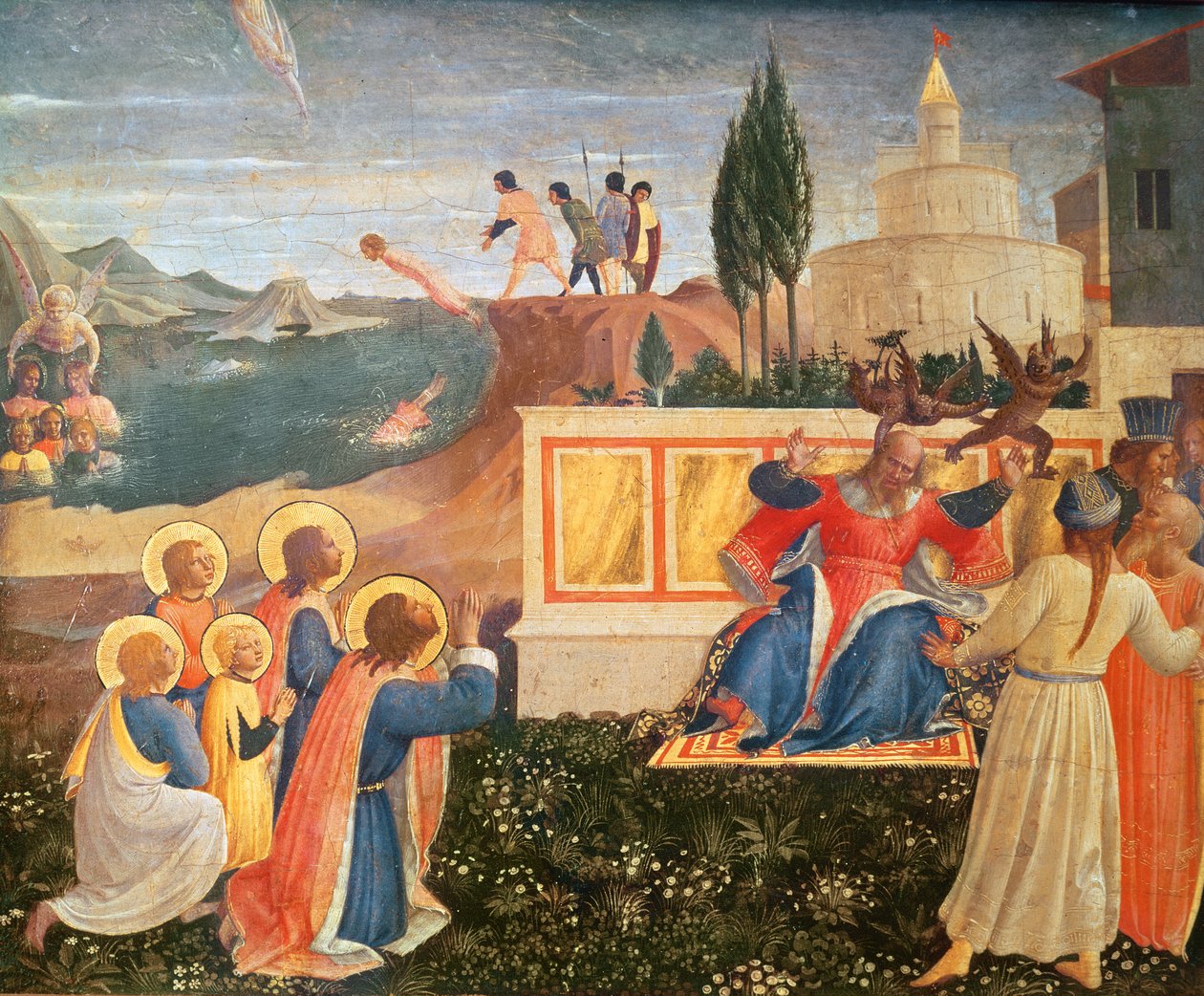 Svatí Kosmas a Damian jsou uvrženi do moře; démoni unikají z úst prokonzula Lysiase, z predely oltáře San Marco, 1438-40 (tempera na panelu) od Fra Angelico