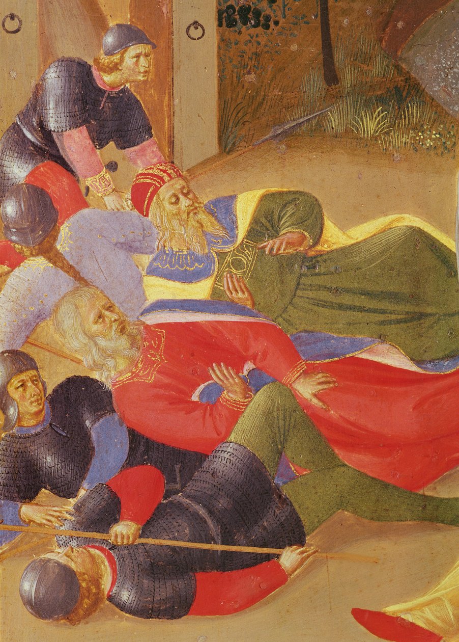 Výjevy ze života Kristova, 2. panel zobrazující Jidášovu zradu detail povalených postav, 1450-3 tempera na dřevě od Fra Angelico