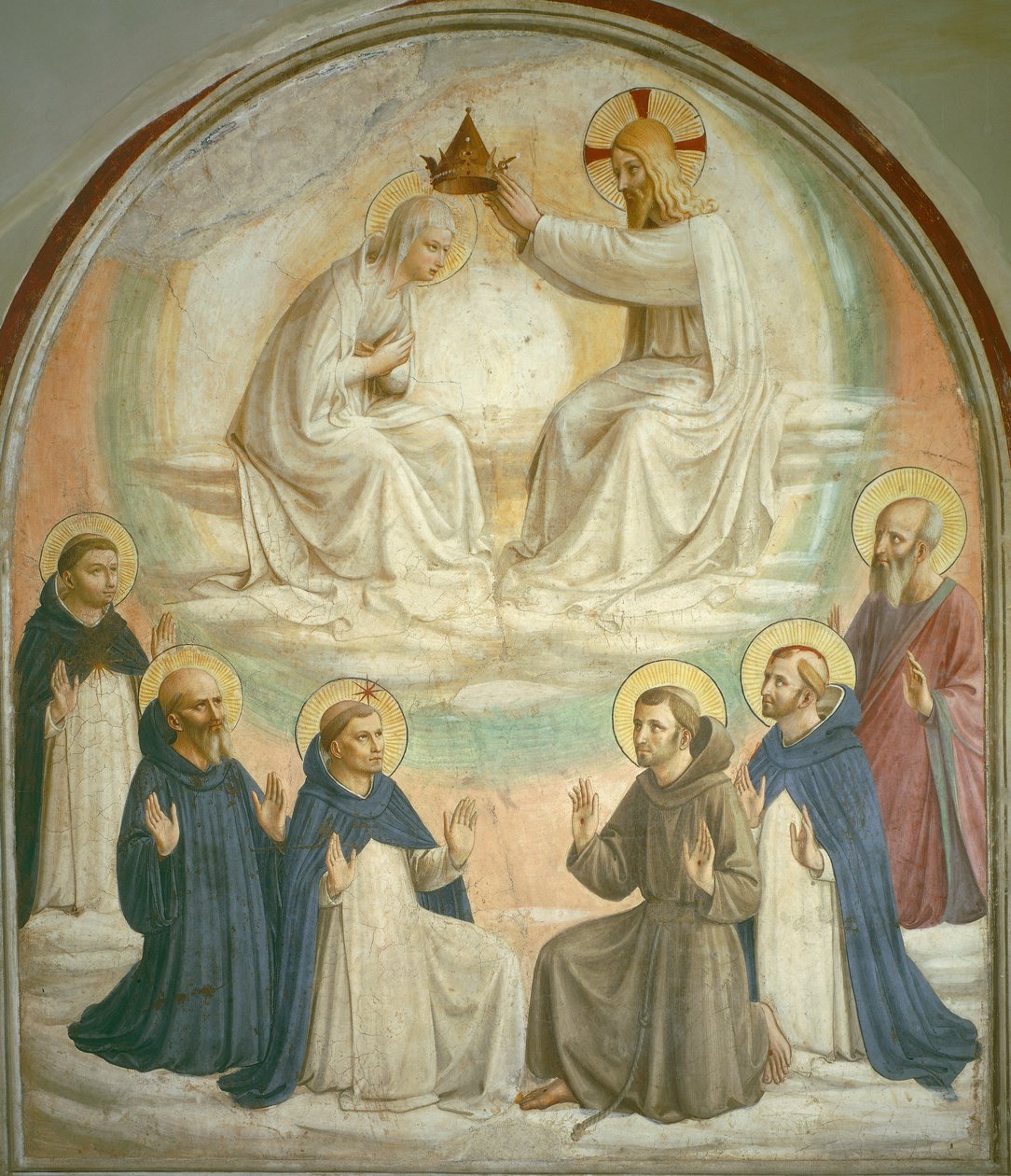 Korunovace Panny Marie se svatými Tomášem, Benediktem, Dominikem, Františkem, Petrem mučedníkem a Pavlem, 1442 od Fra Angelico