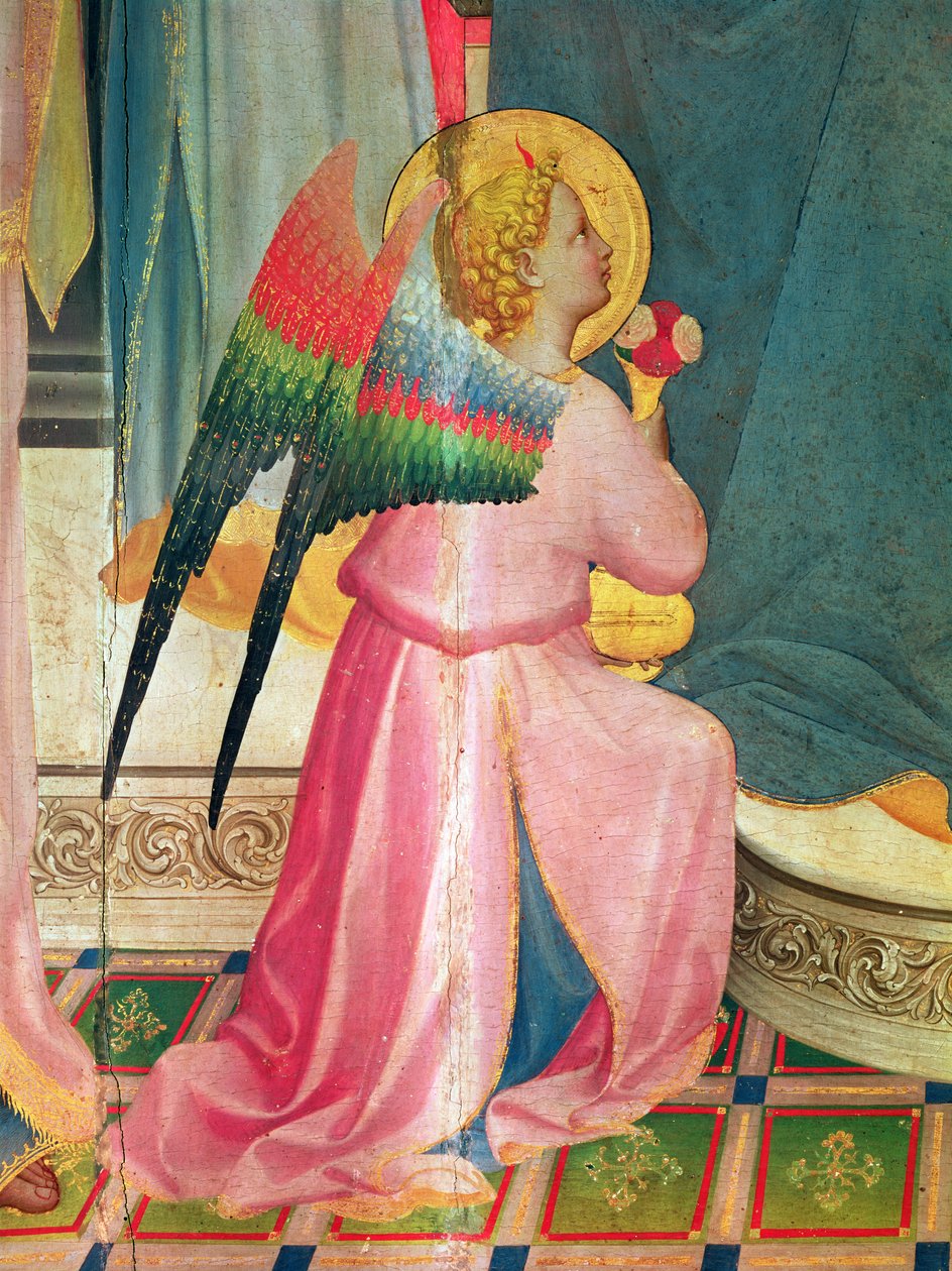 Panna trůnící mezi svatými detail anděla, cca 1424-5 tempera na panelu od Fra Angelico