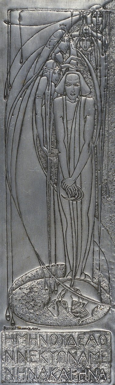Bílá kovová plaketa Repousse, 1893 (kov) od Frances Macdonald