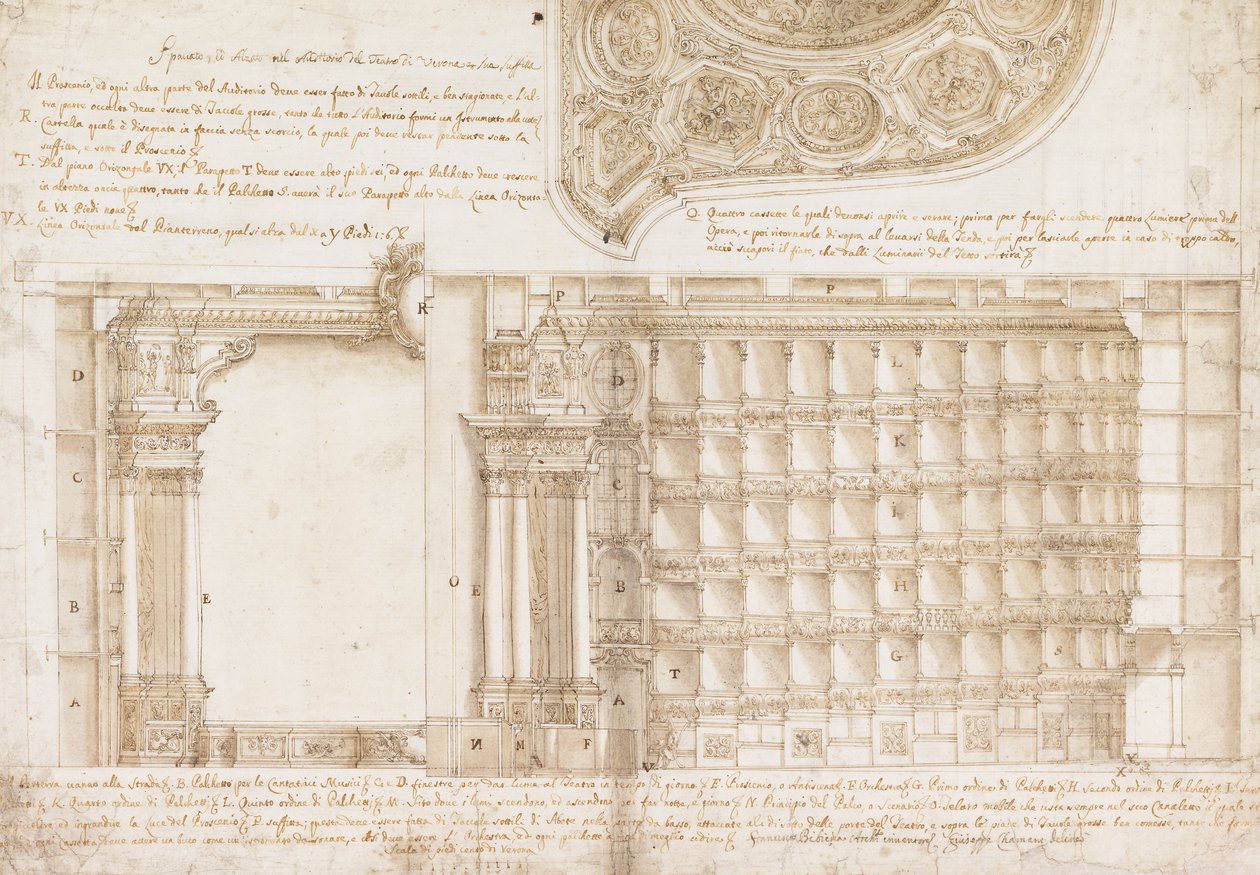 Teatro Filarmonico, Accademia Filarmonica, Verona, Itálie - sekce a strop od Francesco Galli Bibiena