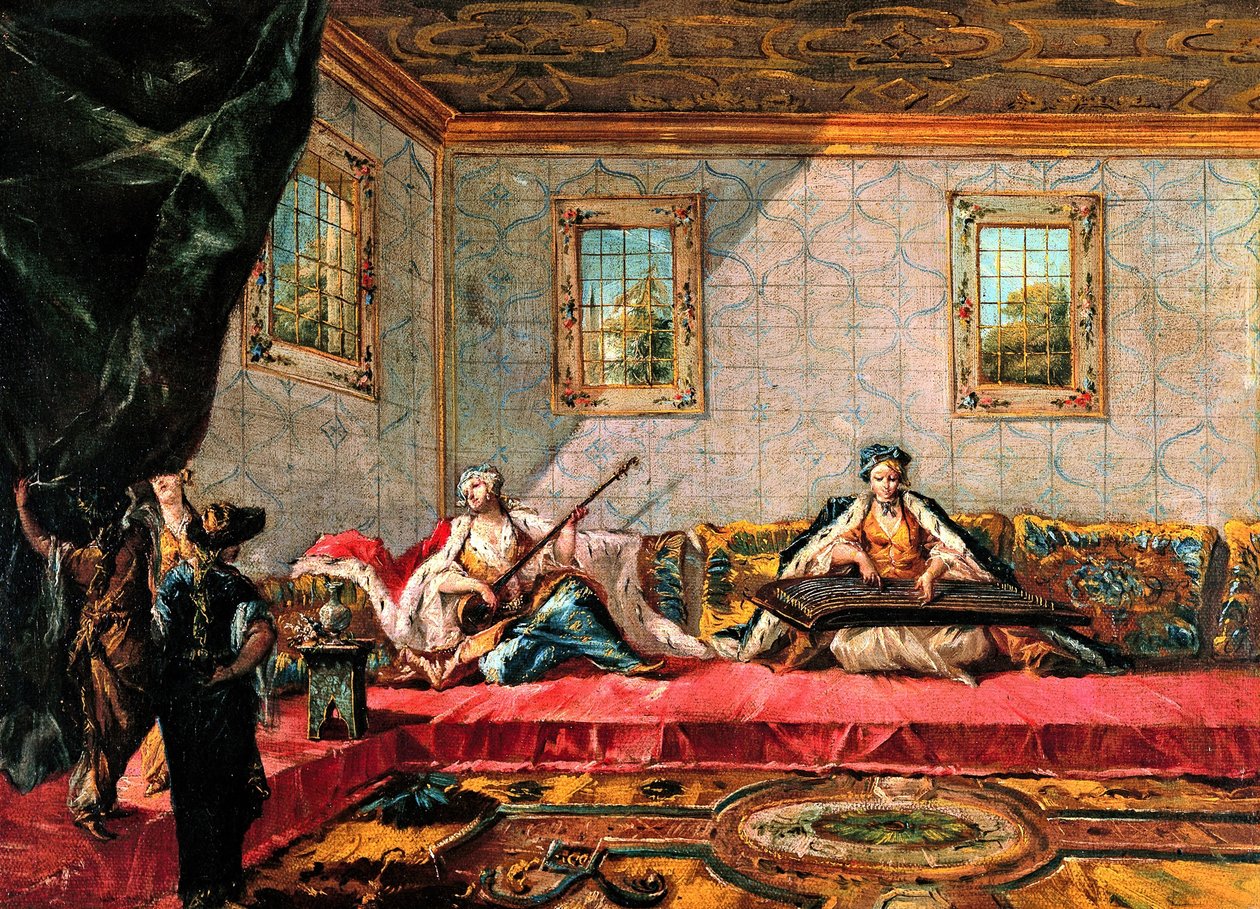 Dva odalisky hrající hudbu v harému od Francesco Guardi