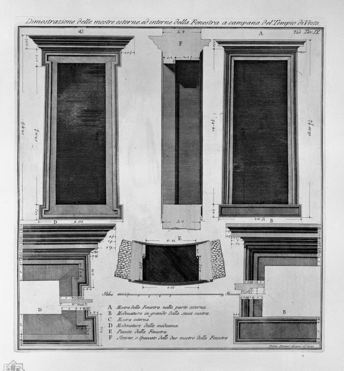 Ukázka externích i interních expozic zvonkovité Fenestry z chrámu Vesta od Francesco Piranesi