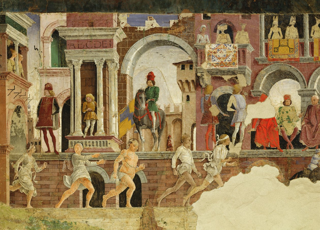 Alegorie dubna: představení na náměstí Borso dEste, detail běžících chodců, 1469-70, freska od Francesco del Cossa