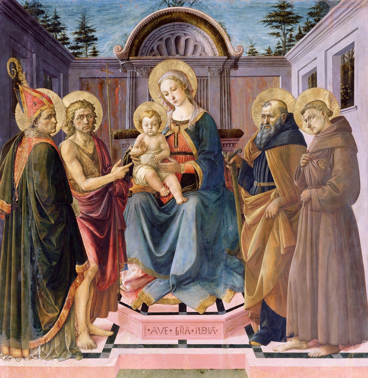 Madonna a dítě na trůnu s (LtoR) SS. Zenobius, Jan Křtitel, Anthony Abbot a František od Francesco di Stefano Pesellino