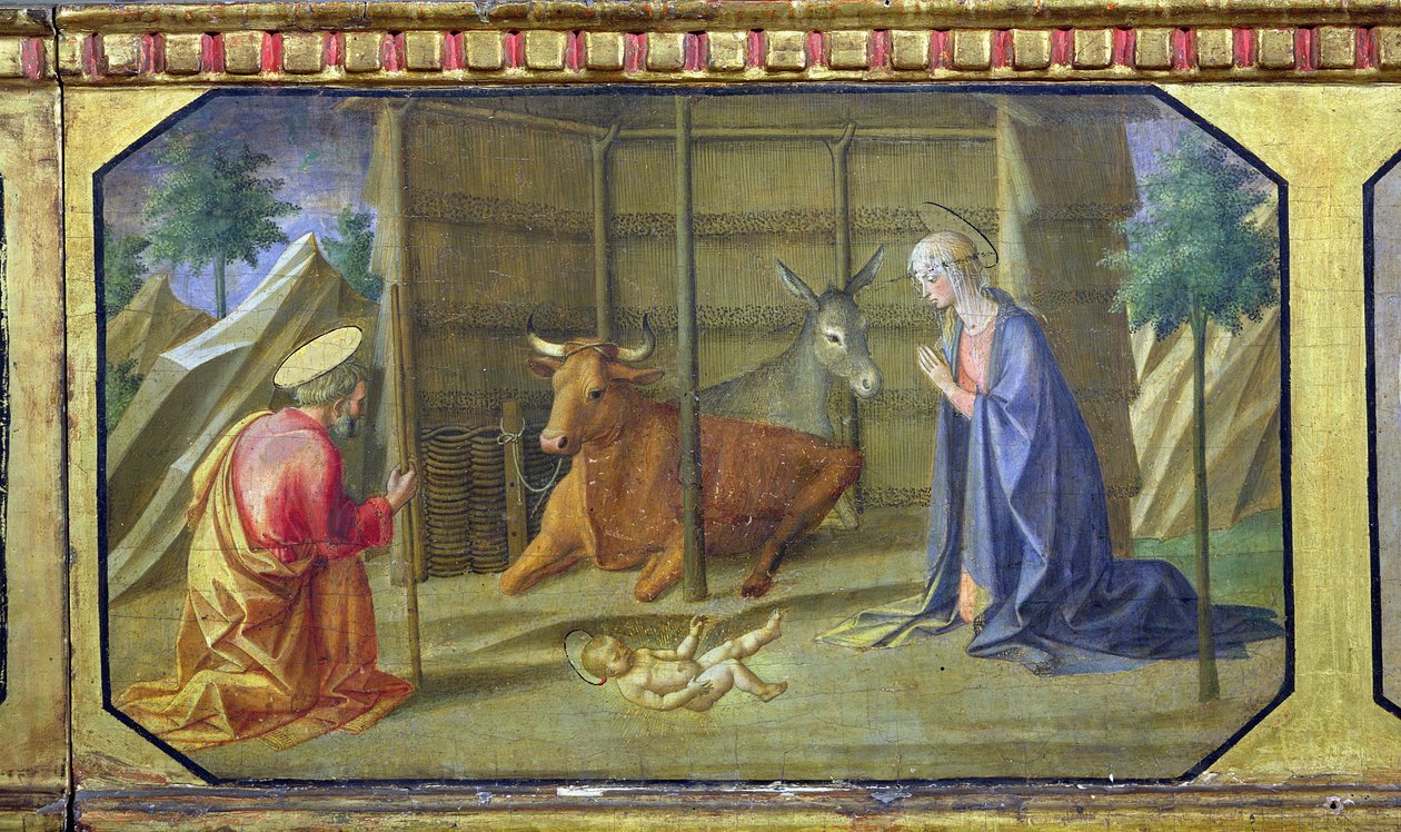 Narození Páně, detail panelu predella z Madony s dítětem na trůnu od Filippa Lippiho (asi 1406-69) (tempera na panelu) (viz také 85689, 85691 a 85693) od Francesco di Stefano Pesellino