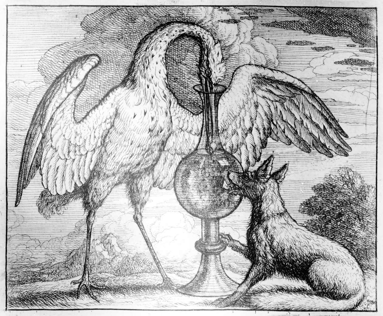 Liška a čáp, ilustrace k Ezopovým bajkám, 1666 od Francis Barlow