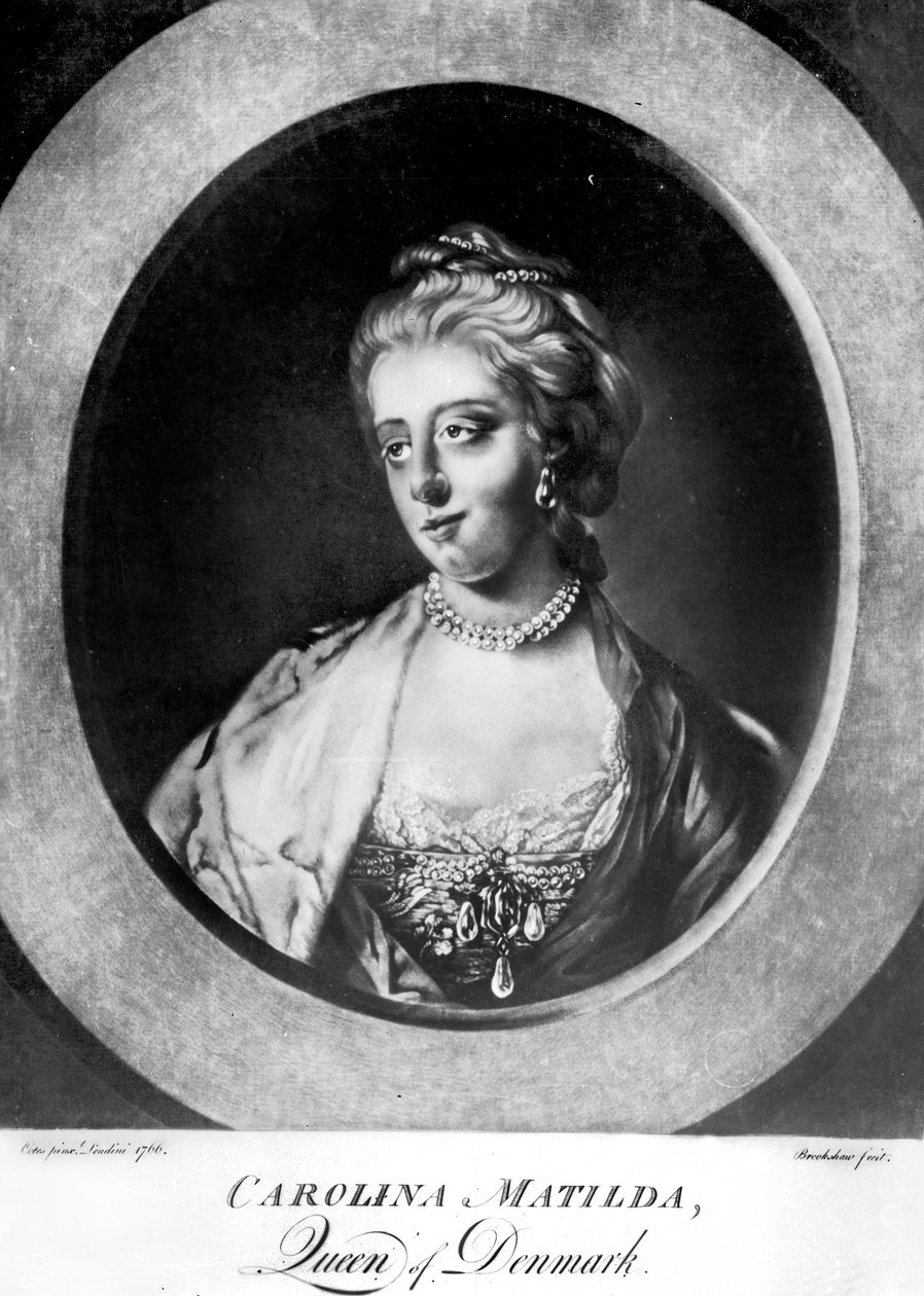 Caroline Matilda, královna Dánska a Norska, rytina Brookshaw od Francis Cotes