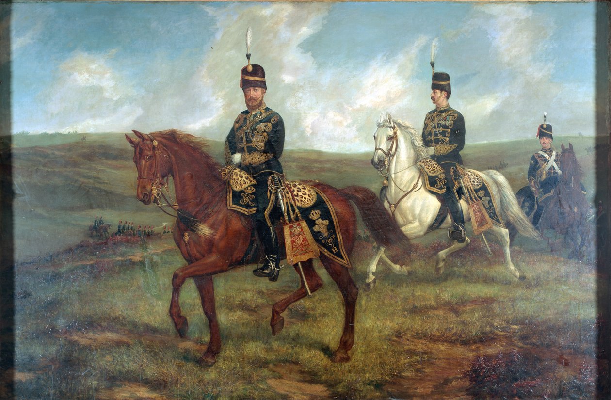 Princ z Walesu (1841-1910) s podplukovníkem Valentinem Bakerem (1827-87) při hodnocení 10. husarů, Aldershot, 8. září 1871, kolem roku 1871 (olej na plátně položeném na palubě) od Francis Grant
