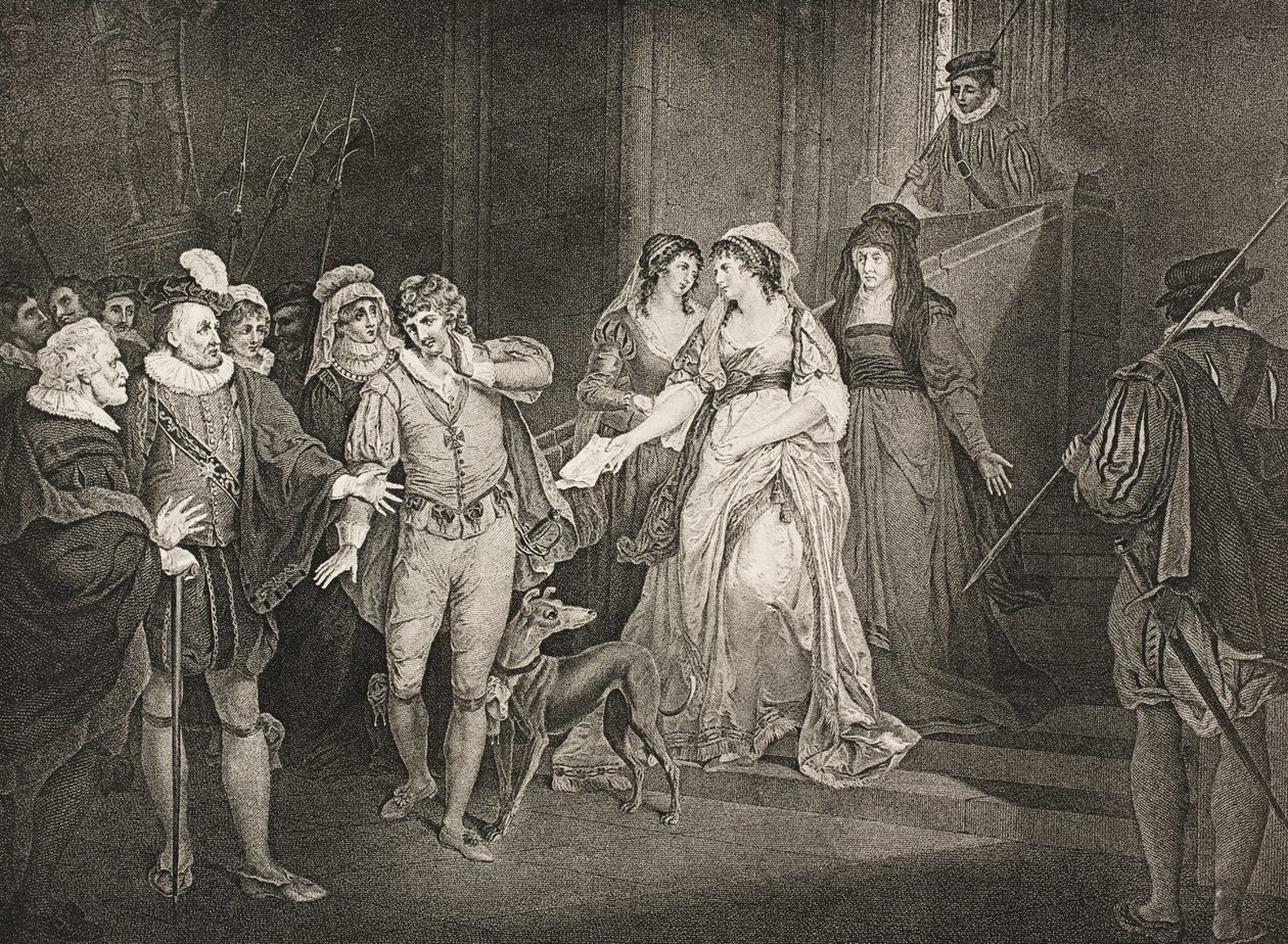 Roussillon, hraběcí palác, dějství V, scéna III, z „Všechno dobře, ale dobře končí“, z Galerie Boydell Shakespeare, vydané koncem 19. století od Francis Wheatley