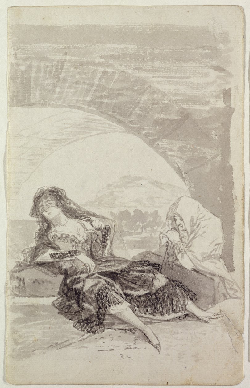 Maja a Celestina pod obloukem (šedá a černá tužka na papíře) od Francisco de Goya