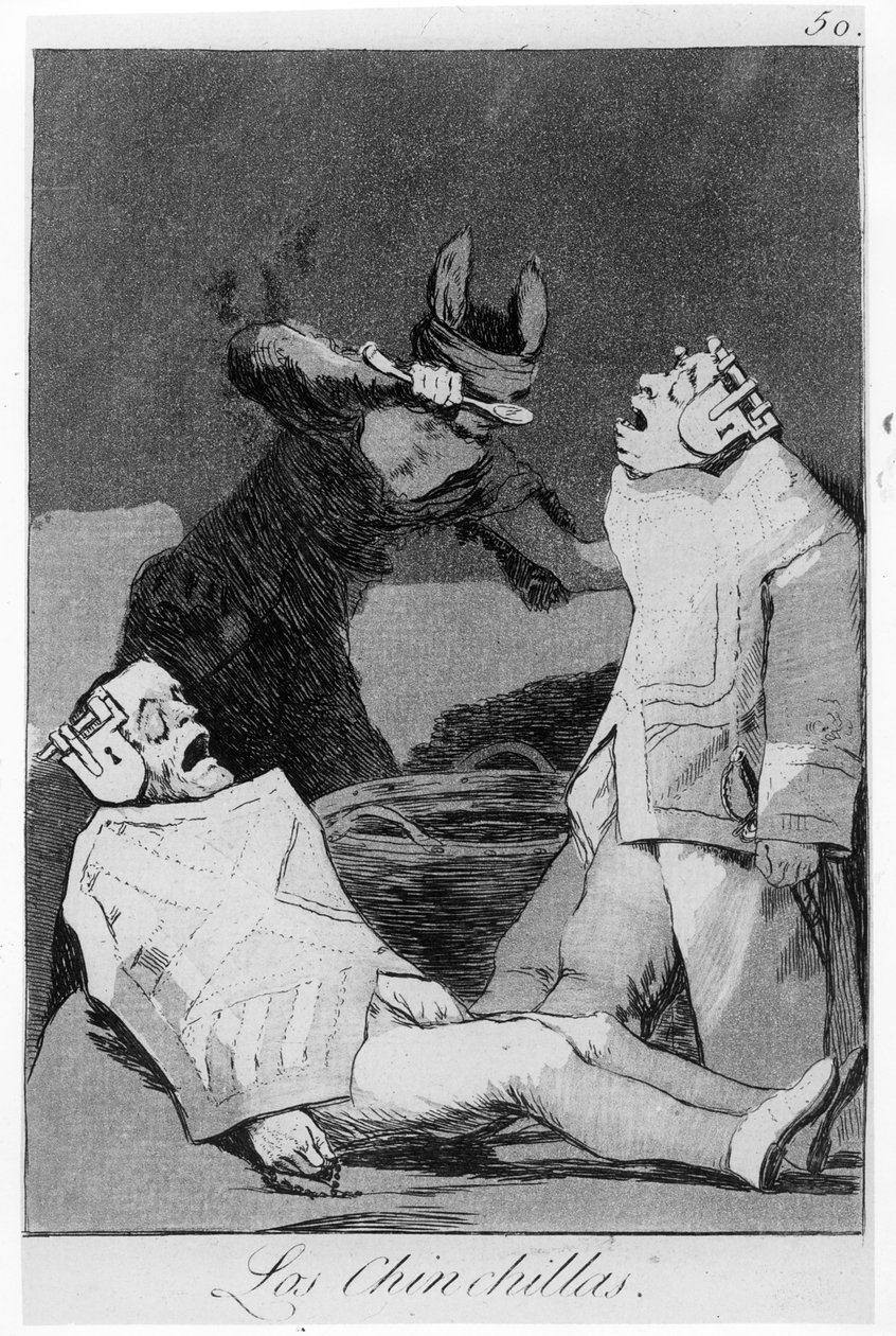 Činčily, deska 50 z "Los caprichos", 1799 (lept a akvatinta) od Francisco de Goya