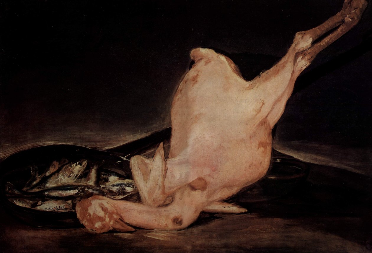 Zátiší, oškubaná krůta a pánev s rybou od Francisco de Goya