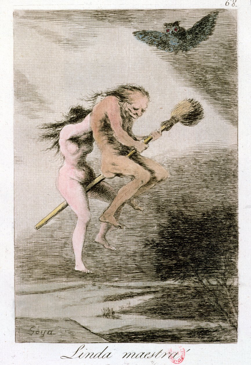 Linda Maestra (Pretty Teacher), deska 68 „Los Caprichos“, konec 18. století (barevná rytina) od Francisco de Goya