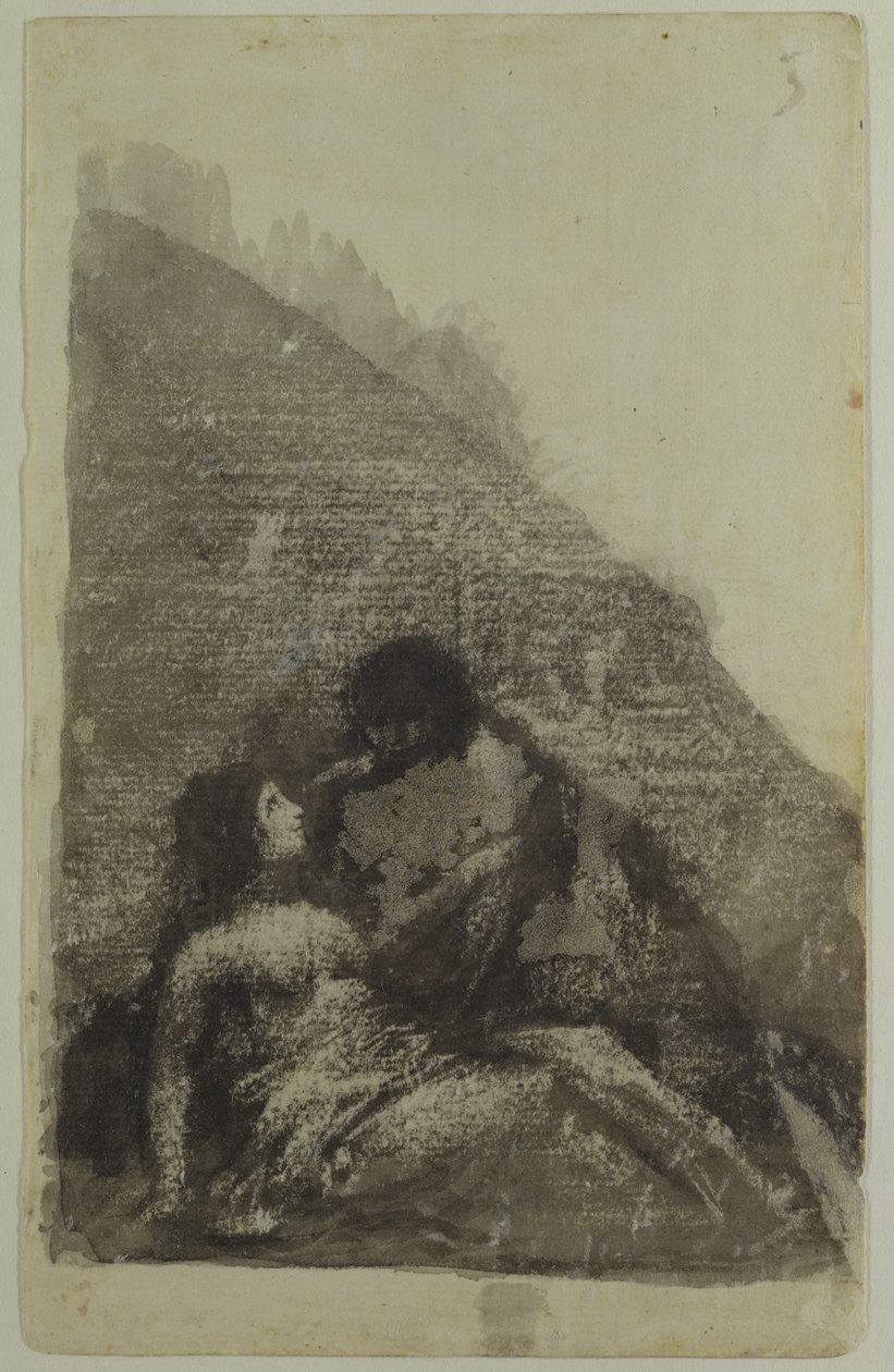 Milenci společně ležící ve tmě (černý inkoust a mytí na papíře) od Francisco de Goya