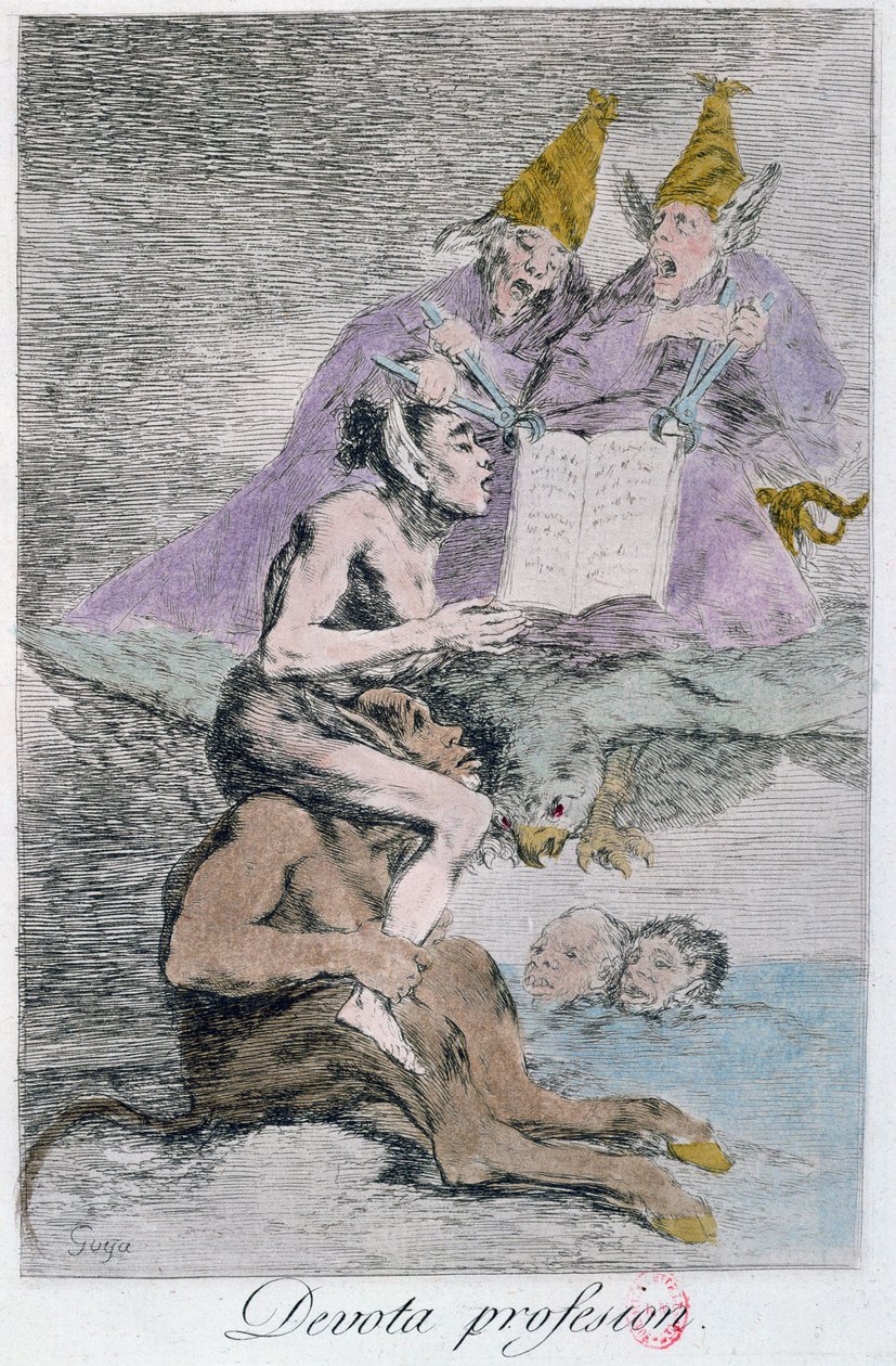 Zbožné povolání, deska 70 „Los caprichos“, konec 18. století (barevný lept) (viz také 81689) od Francisco de Goya